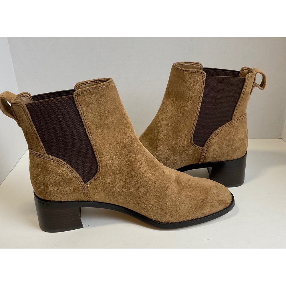 J.Crew Tan Brown Faux Suede Block Heel Ankle Chelsea Boots Womens 8.5 CC117